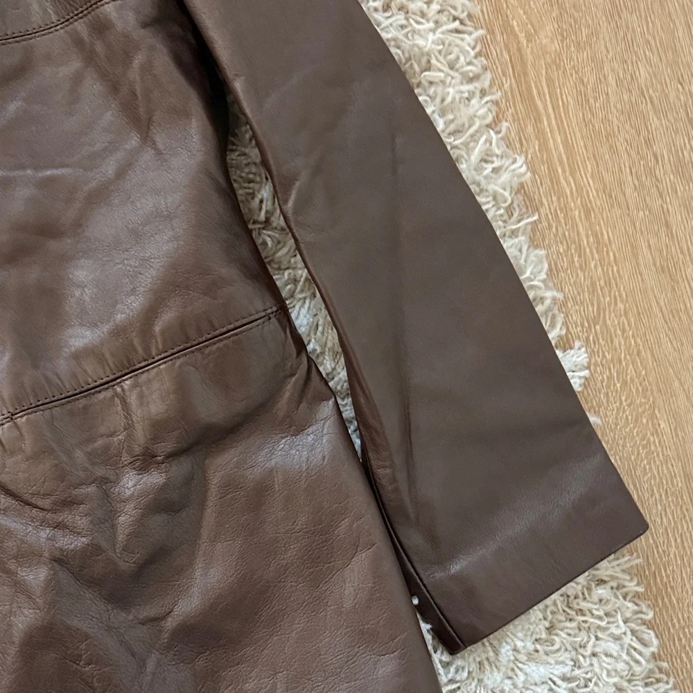 Brown Faux Leather Blazer Jacket M | Moto Vegan Statement Coat - Picture 4 of 6